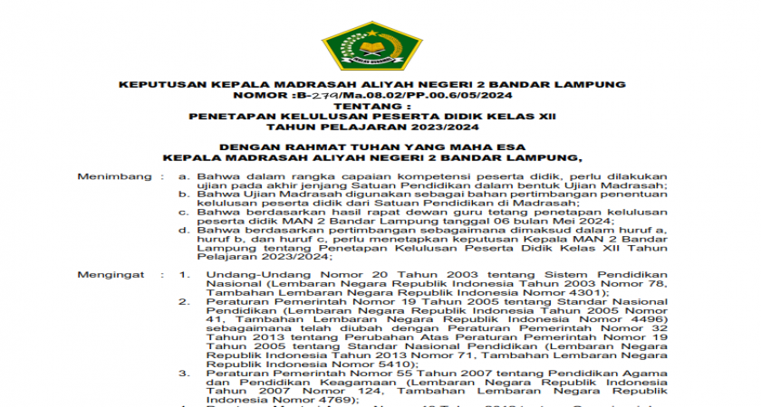 PENETAPAN KELULUSAN PESERTA DIDIK KELAS XII TAHUN PELAJARAN 2023/2024